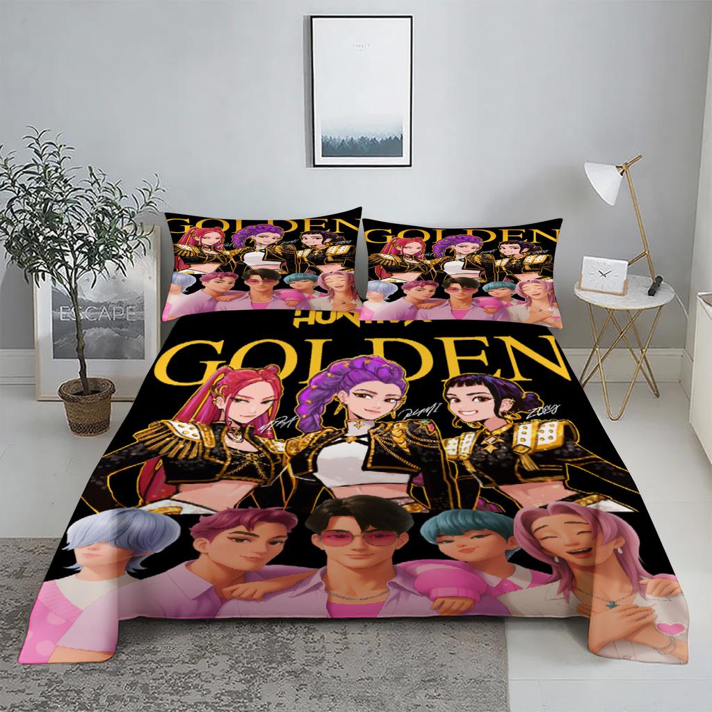 Huntrix, Rumi, Mira D-Dämonenjäger K-Pop Bettwäsche-Set 3D-bedrucktes Bettlaken mit Kissenbezug Bettwäsche King Queen Size