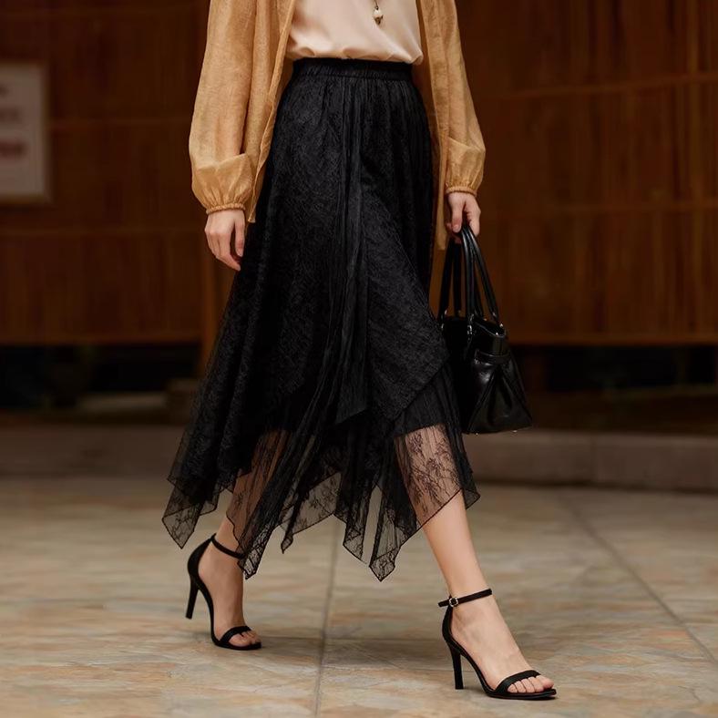 

Fei Yuan Women s Solid Color Lace Irregular Skirt - Early Spring, Simple European & American Design Medium чёрный