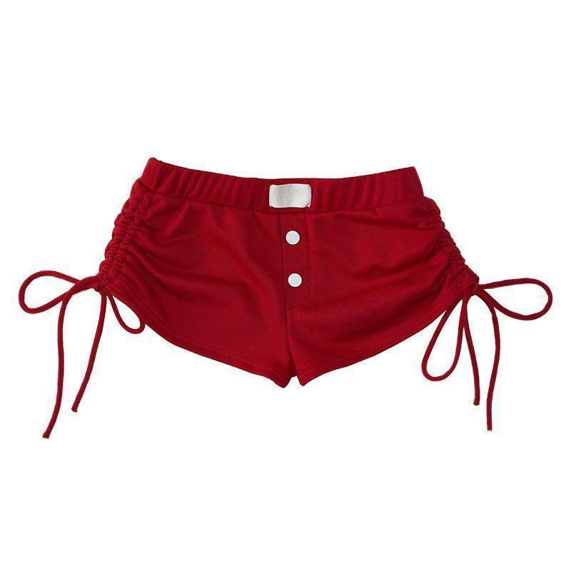 Manufacturer s Drawstring Pleated Lantern Red Shorts for Women, Summer 2024 New Casual Lace Trim Leggings Red [Single Piece] S