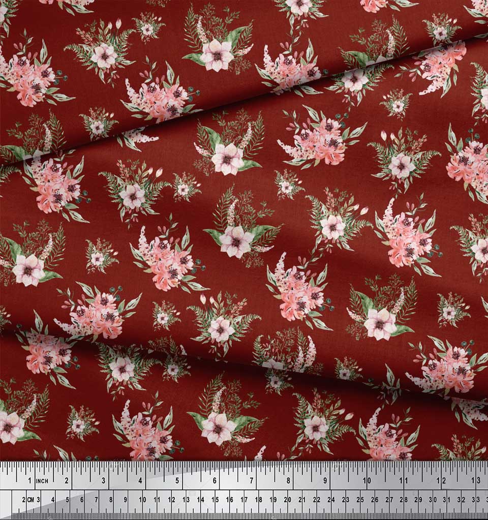Soimoi Red Poly Crepe Fabric Mignon Dahlia & Peony Floral Fabric Prints By Metre 42 Inch
