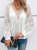 Nuevos Tops Elegantes Slim de Otoño para Mujer Manga Larga Cuello en V Costuras Encaje Calado Perspectiva Camiseta Casual