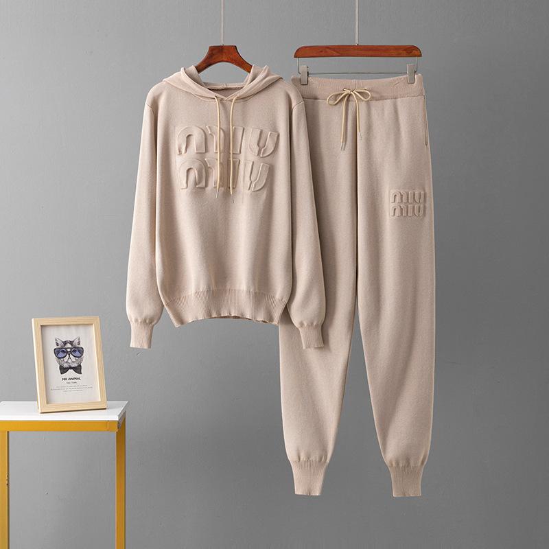 Letter Indentation Autumn and Winter Knitted Sweater Hoodie Casual Ankle Pants Two-piece Set Women's Pants Set Outfits