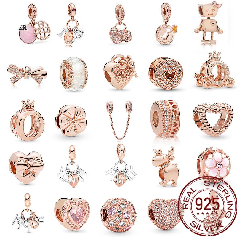 

100% Real 925 Sterling Silver Rose Gold Series Charm Pendant Beads Fit Original Bracelet For Women Jewelry Making