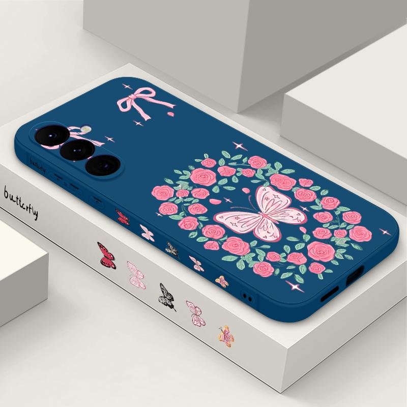 Vintage Flower Butterfly Case For Samsung Galaxy A56 A17 A26 A16 A36 A55 A54 A53 A15 S24 S25 FE S25 S22 S23 Ultra Plus Lanyard Soft Cover