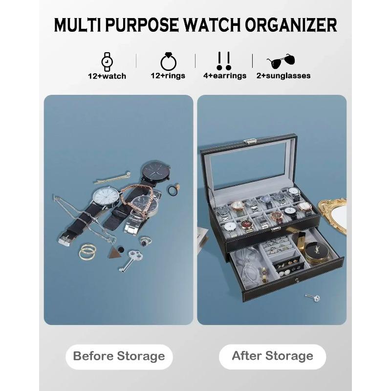 12 Slot PU Leather Lockable Watch Storage Boxes, Men & Women's Jewelry Display Drawer Case, 2-tier Organizer Watch Showcase