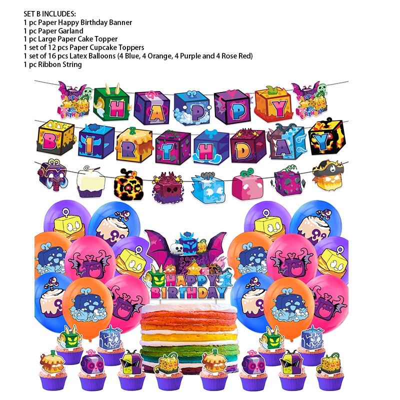Blox Fruits Birthday Party Decor Game Box Set Paper Craft Printing Size Blox Fruits Set A 1 Flag 16 Balloons Blue 4 Orange 4 Purple 4 Magenta) 1
