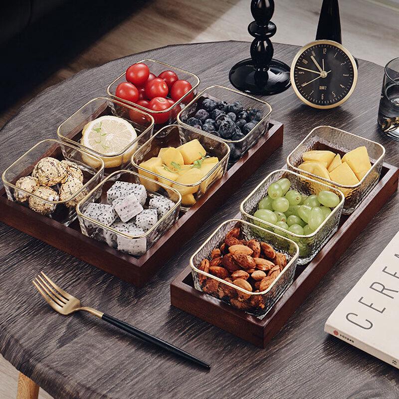 Glas-Snackschalen mit Holz-Serviertablett-Set