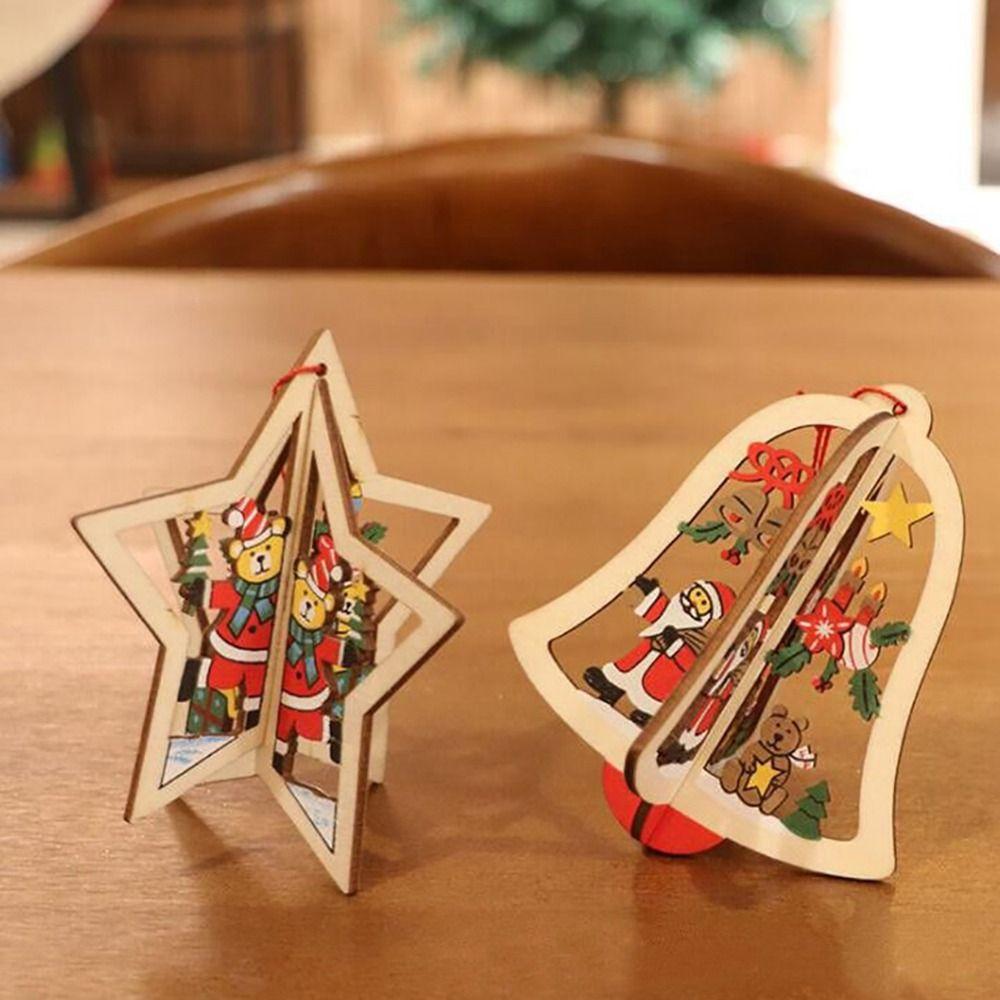 Pentagram Merry Christmas Wooden Pendant 2D/3D Christmas Wooden Ornaments   Children's Decoration