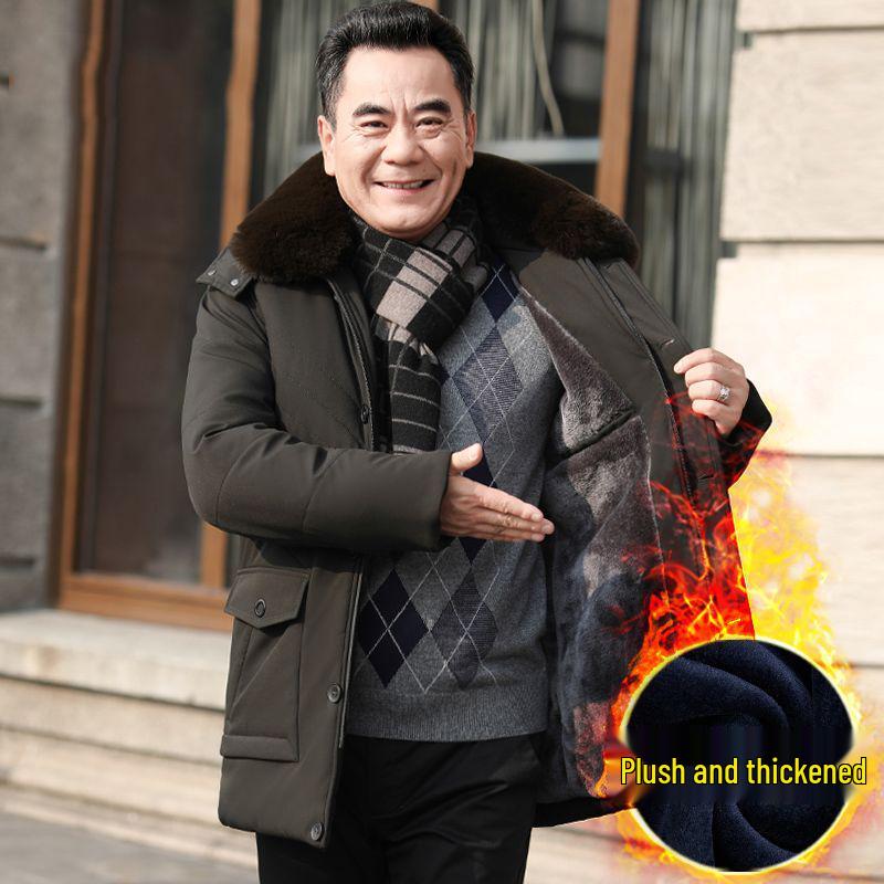Men's Mid-Length Winter Jacket with Fleece Lining – Warm Down Cotton Coat for Middle-Aged and Elderly Dads