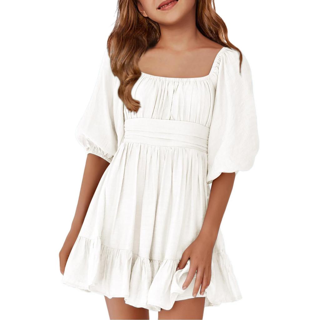 Children's Casual Bubble-Sleeve Backless Waist-Tied Bow-Pleated Dress