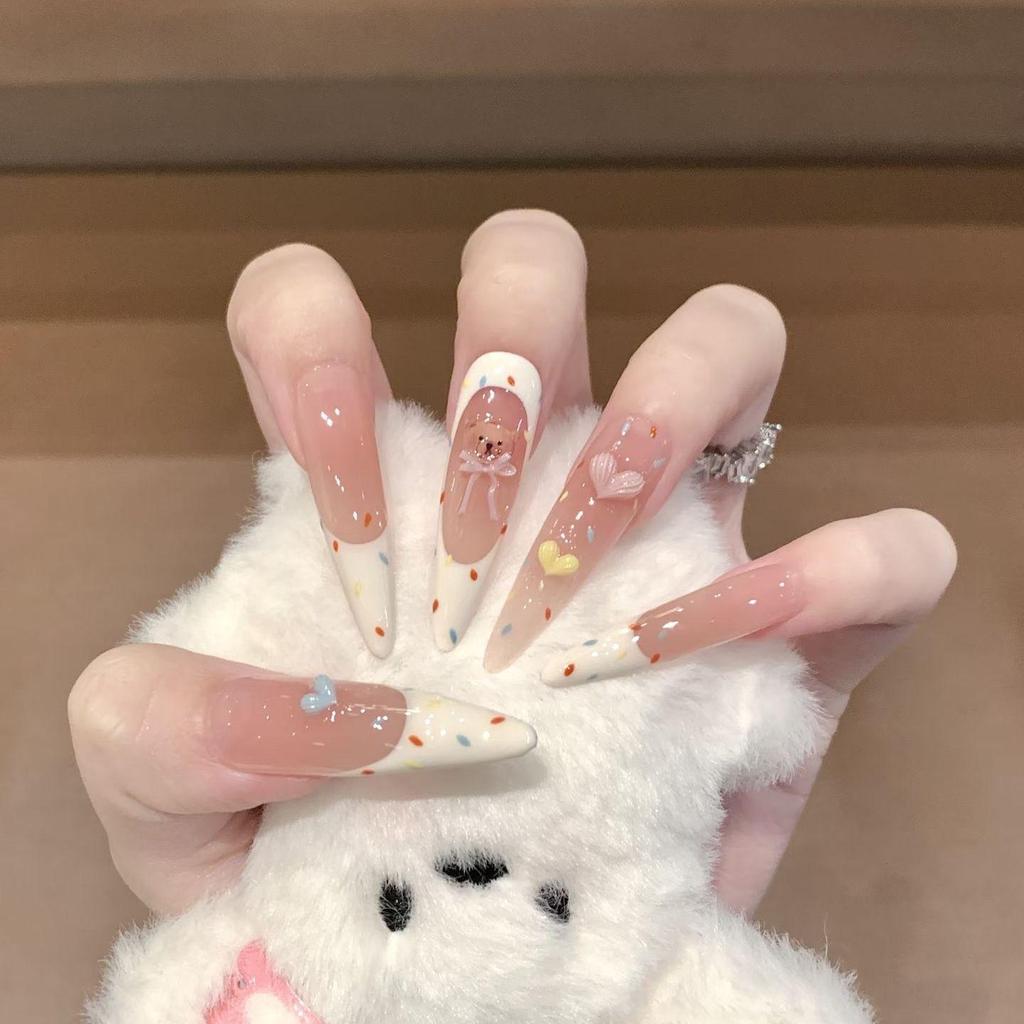 Dairysen Sweetheart Bear Nude French Manicure Fake Nails - Wearable White Nail Tips