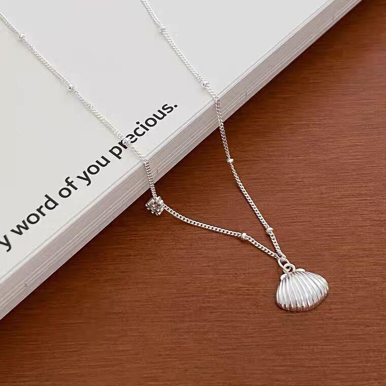 S925 Sterling Silver Christmas Scallop Necklace - Striped Shell & Bead Clavicle Chain, Korean Blogger Style