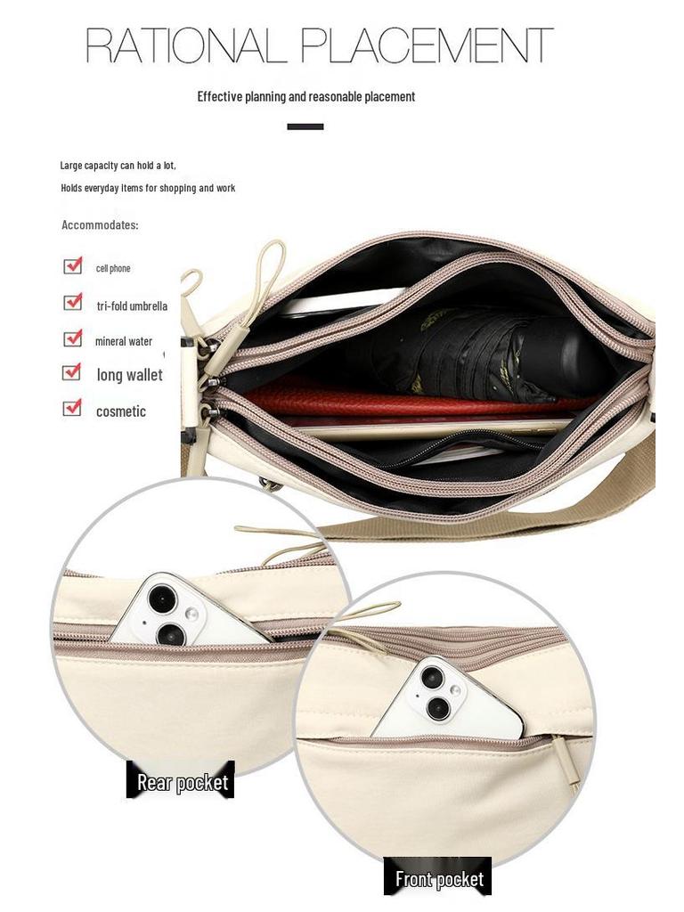 Lightweight Women's Nylon Waterproof Crossbody Bag - Casual, Multi-Layer, Portable, Fashionable Small Square Bag