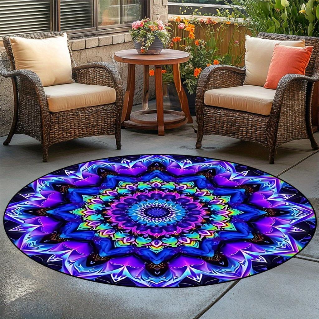 Blacklight Bohemian Round Area Rug, Non Slip Floor Mat for Dining Room Living Room and Bedroom, Spring Home Decor Gift