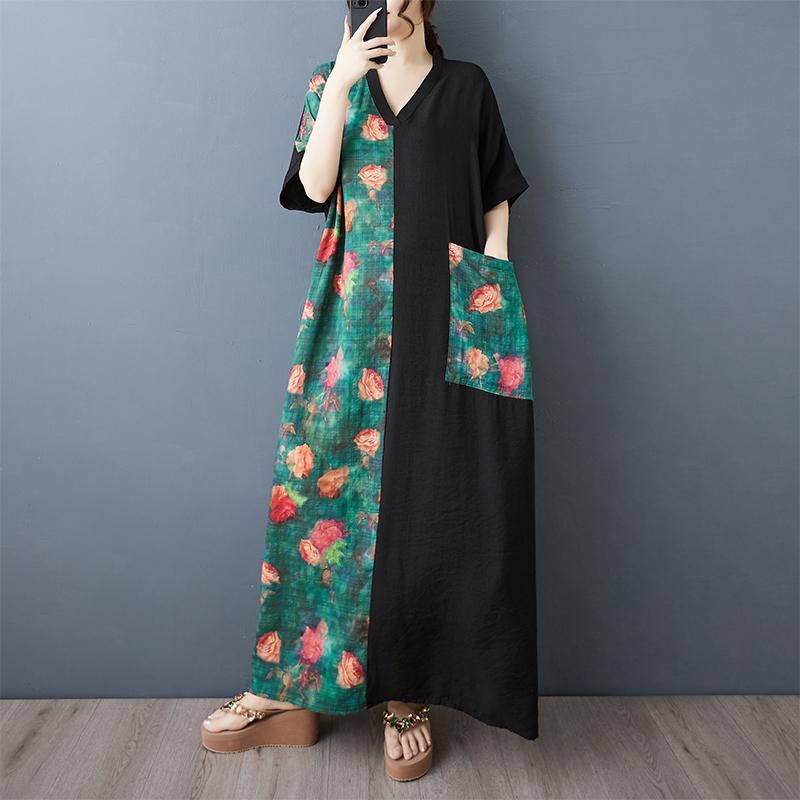 

DIMANAF Women Summer New 2025 Plus Size Dress Casual V-Neck Loose Flower Long Dress Vintage Dress Maxi One Size зелёный