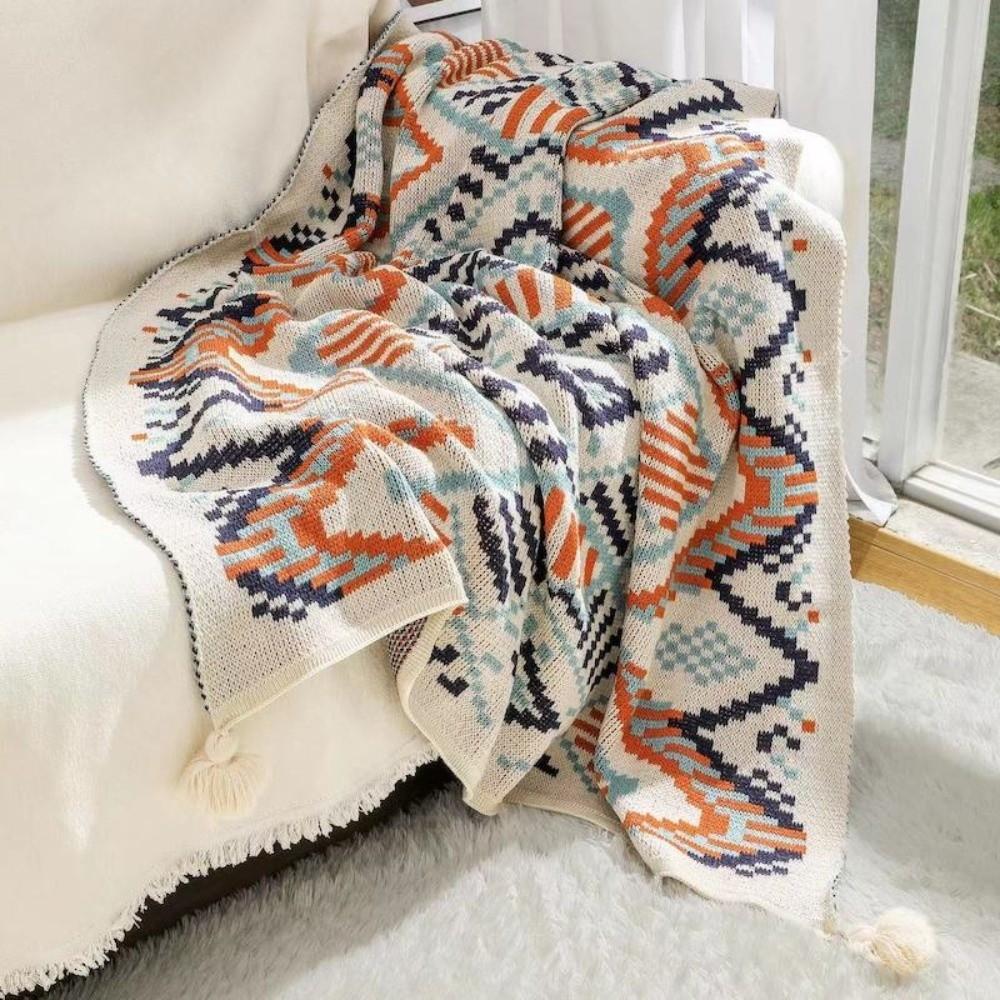 Vintage Chunky Knit Boho Throw Blankets Soft Tassel Cozy Tassel Throw Blanket Fringed Sofa Throw Blankets Winter 120-80cm