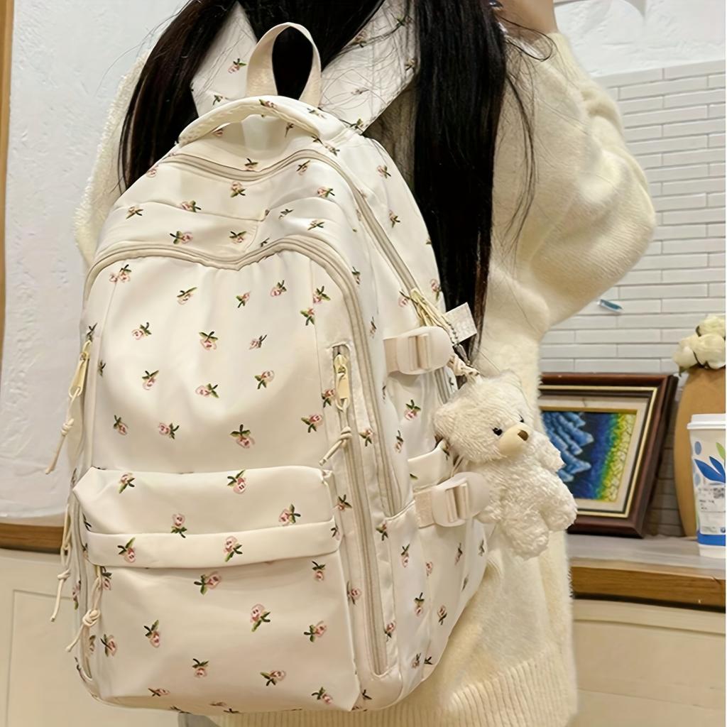 Women's Floral Backpack with Teddy Bear Pendant Large Capacity School Backpack for College, Travel, Everyday Use, Cute Backpack