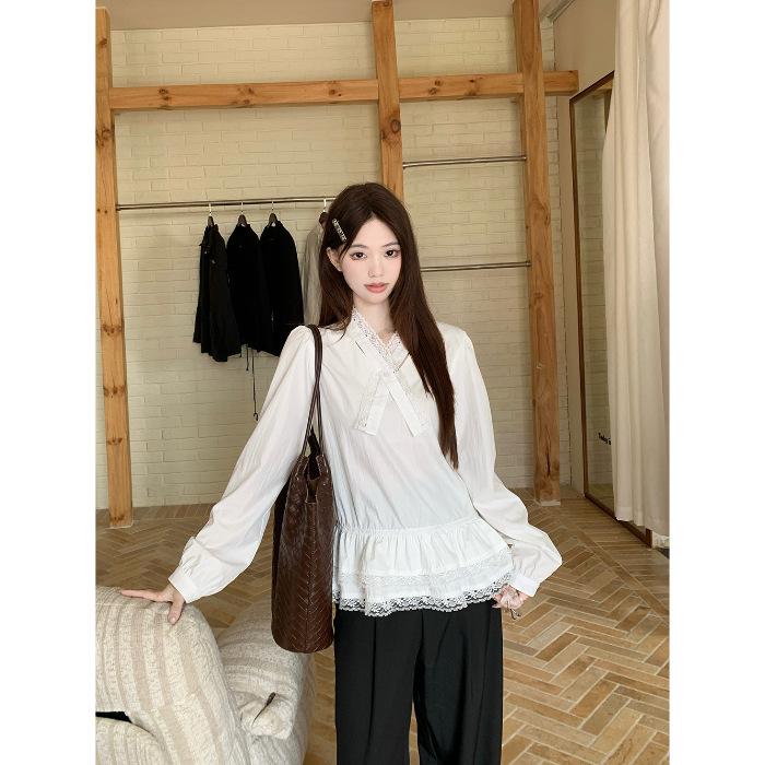 

French retro shirt early autumn white lace long sleeve design sense niche elegant and beautiful top S