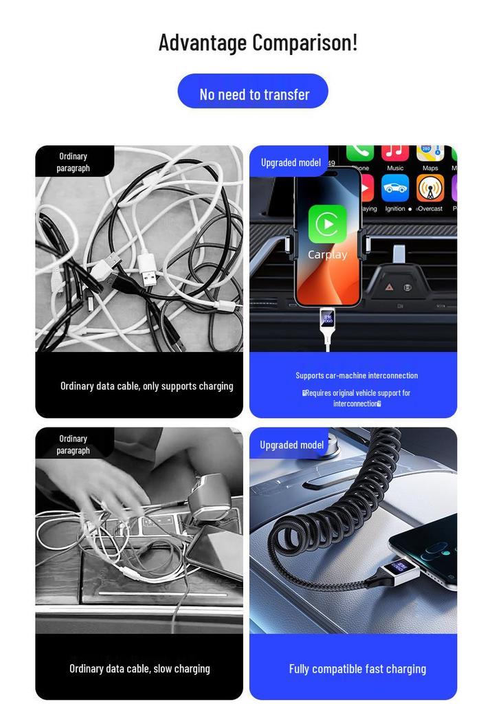 CarPlay Screen Mirroring LED Retractable USB Charging Cable with Custom Logo - Type-C Mobile Data Cable