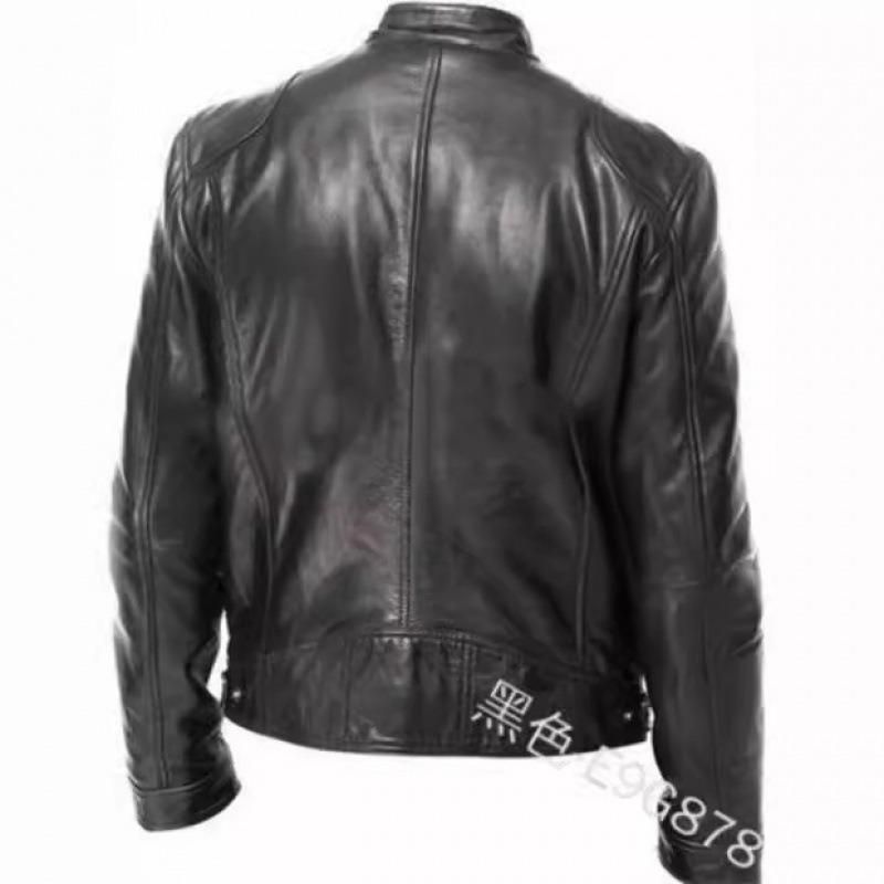 Men Stand Collar Long Sleeve Loose Fit Pu Leather Zipper Jacket