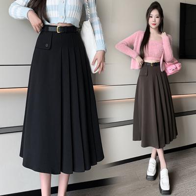 Winter Woolen Pleated Skirt for Women Elegant Fashion High Waist A-line Midi Black Skirts Office Ladies