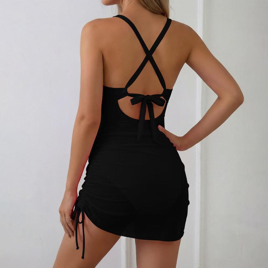 Women's New Sleeveless Deep V-Neck Fashion Hollow Printed Halter Neck Strap Split Swimsuit