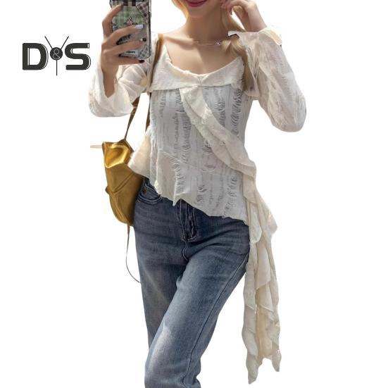 

Жіночі топи з V-подібним вирізом, розкльошена футболка з довгим рукавом і приталеним кроєм, однотонні топи з рюшами та нерівними отворами на подолу. S