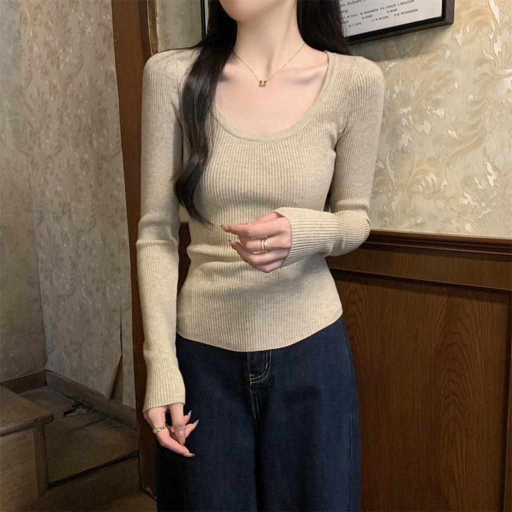 Skinny Spice Girl U-Neck Front Shoulder Knitted Bottom Shirt Women's Spring Slim Skinny Inner Top Soft Waxy Long Sleeve Sweater