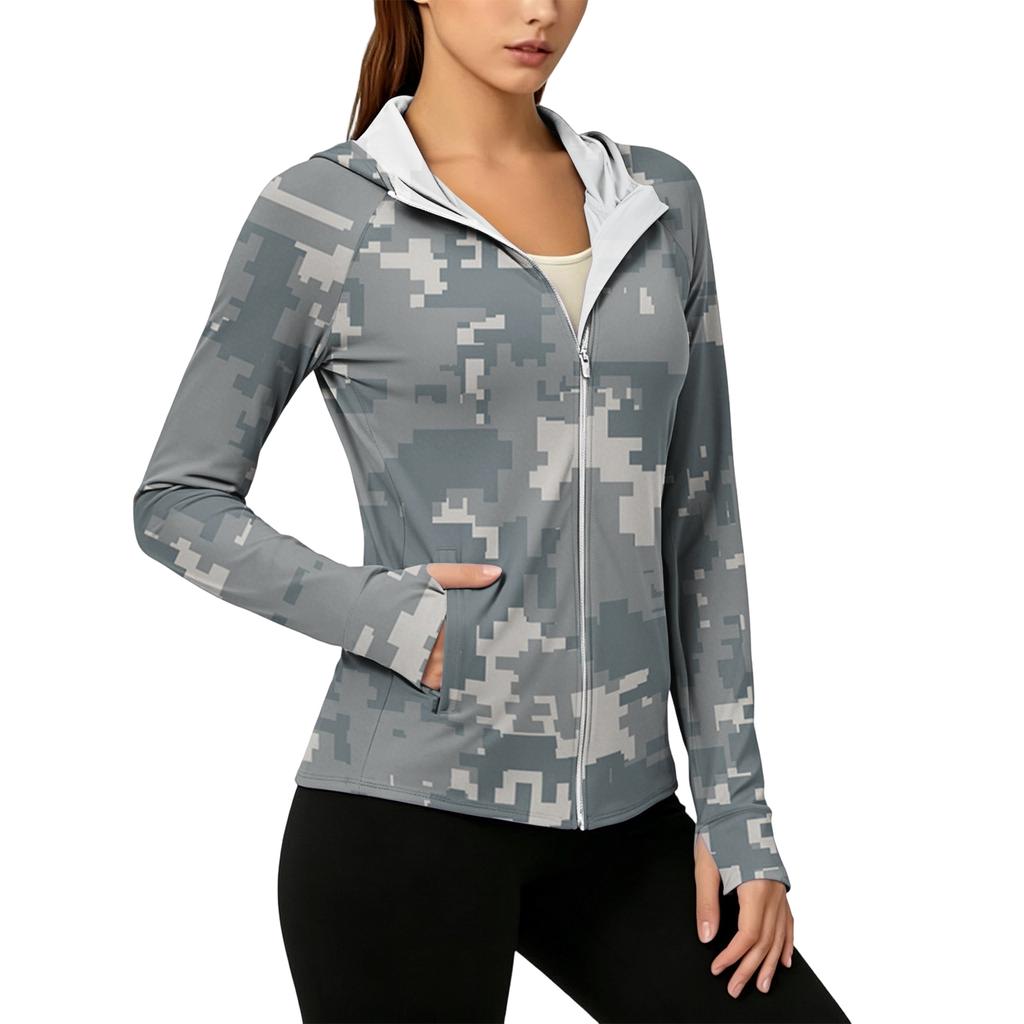 Damen Hoodie mit durchgehendem Reißverschluss, langen Ärmeln, Camouflage-Print und Fronttaschen, leichte Freizeit-Sonnenjacke