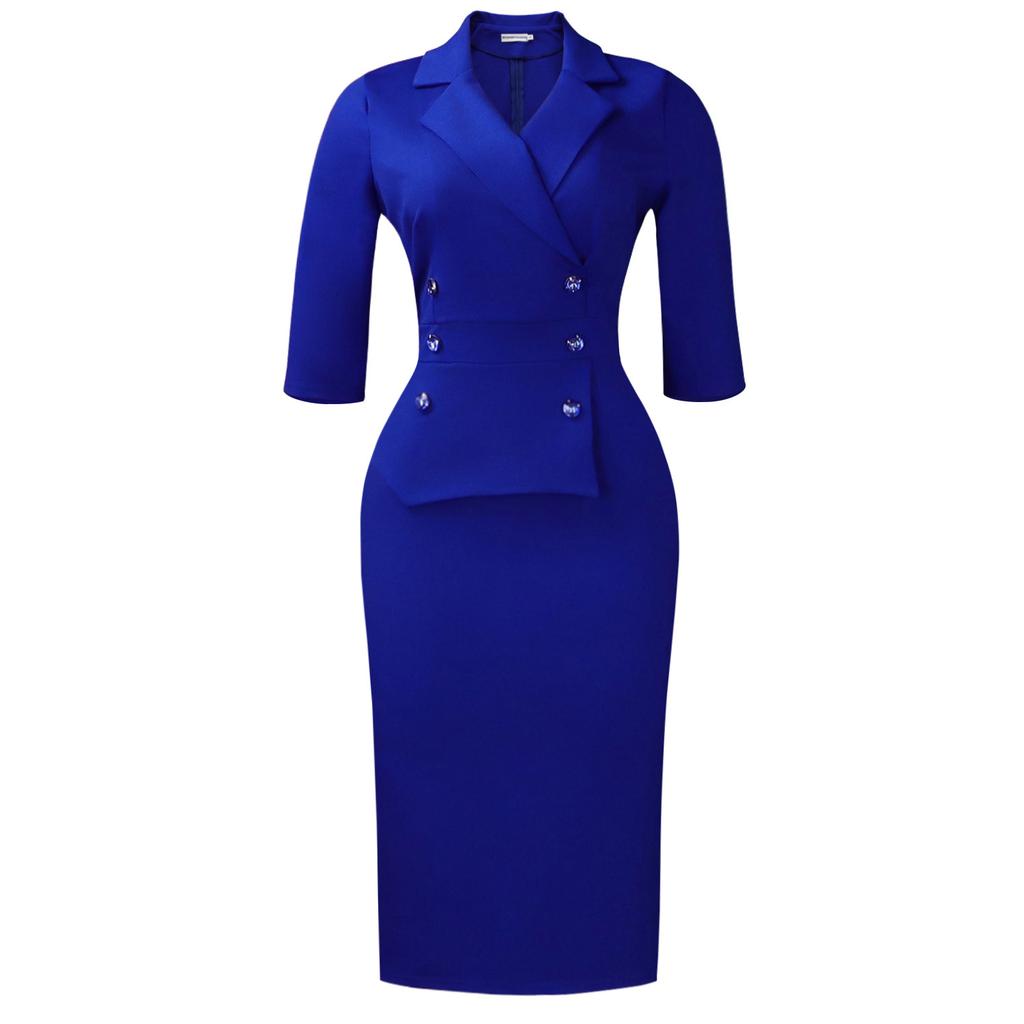 Spring Elegant Suit Collar Double-breasted Hip Wrap Suit Collar High Waist Five-quarter Sleeve Large Size Dress