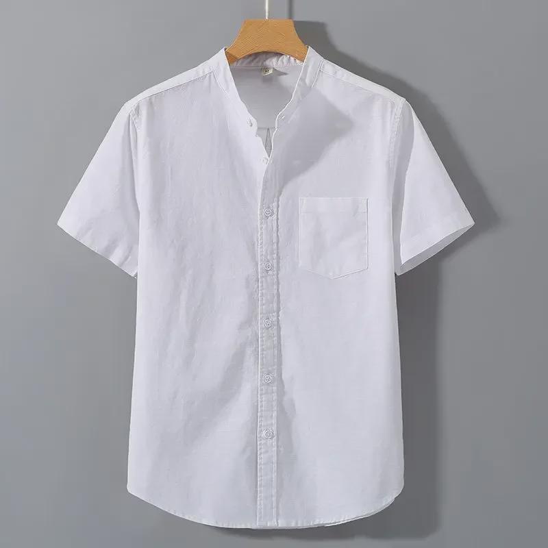Men's Summer Cotton Linen Short Sleeve Shirt - Solid Color Casual Stand Collar Top