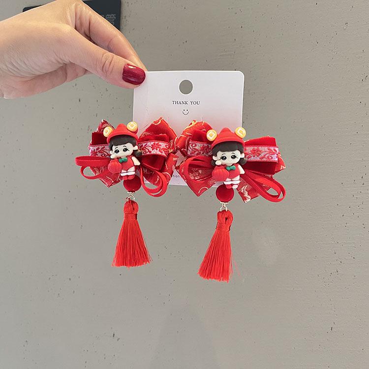 Red New Year Pearl Tassel Pompon Hair Clips for Children - Hanfu Style