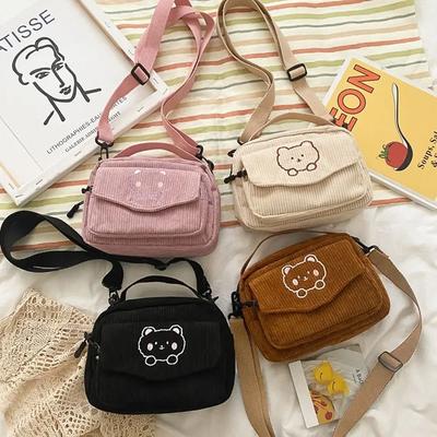 Umhängetasche Reisehandtaschen Damen Cord Cartoon Bär Druck Schultertaschen Neue Mode Student Tote Messenger Bag Ohne Anhänger