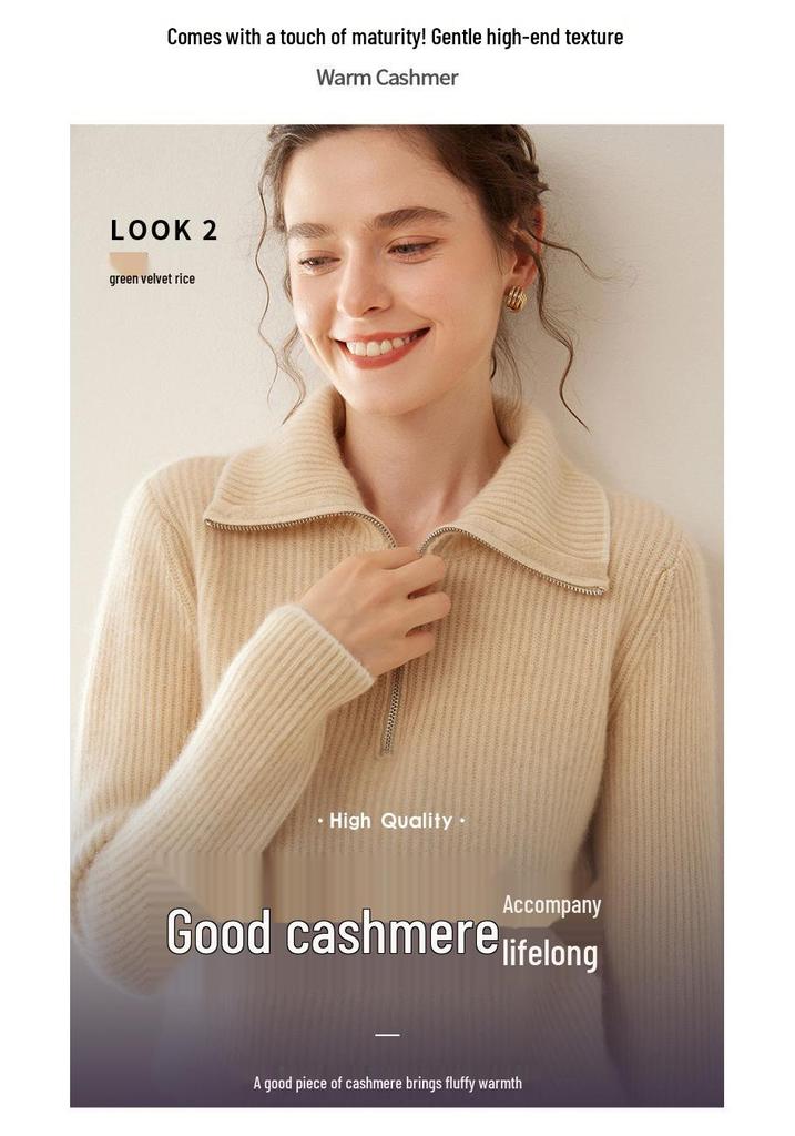 Women's Cashmere High-Neck Half-Zip Pullover Sweater – Long-Sleeve, Loose Fit, Slimming Knit Top