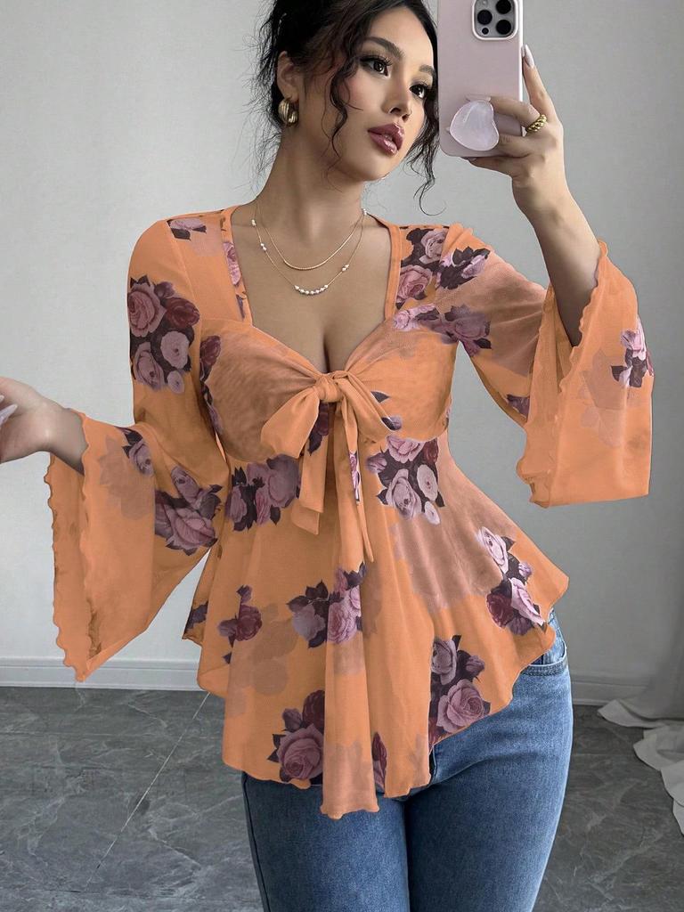 European Floral Gradient Tie-Up Square Neck Long Sleeve Shirt