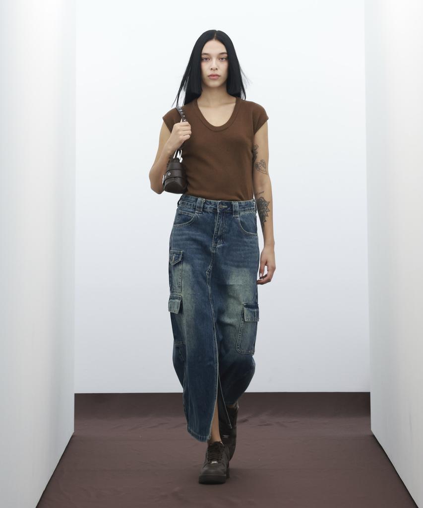 Viva Brown 85-Vivaj073 Cat Sand Washed Slit Pocket Long Denim Skirt Indigo