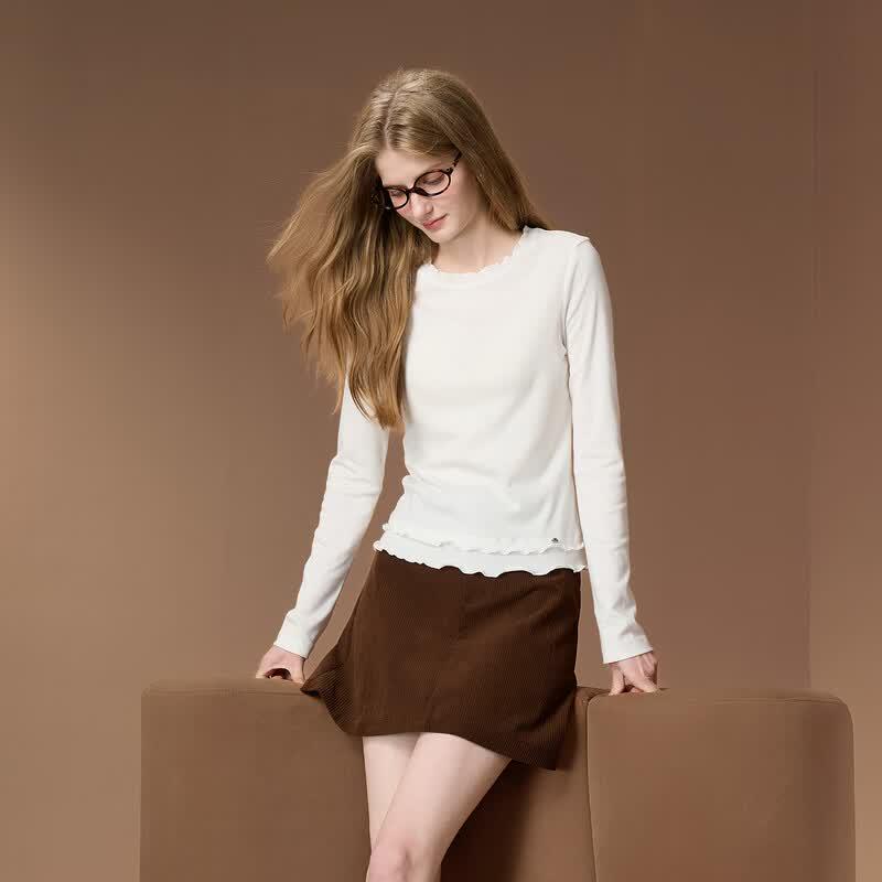 Lyocell Blend Ruffle Edge Long Sleeve T-Shirt