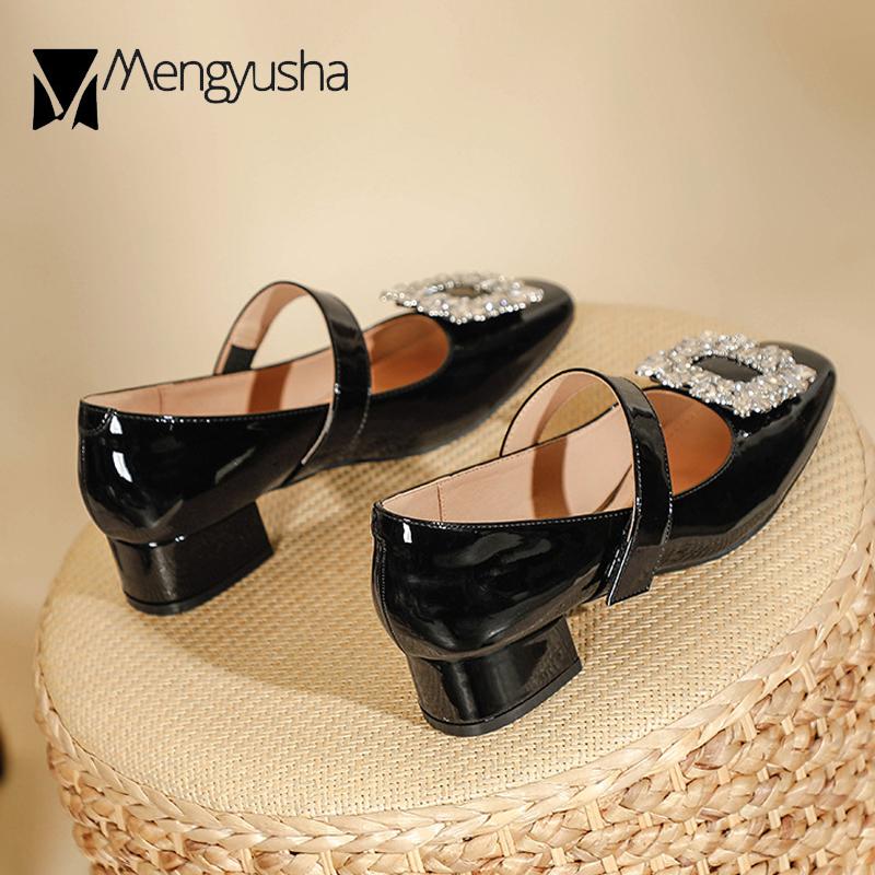 Fashion Brand Crystal Buckle High Heels Women Chunky Heel Mary Jean Pumps Leather Belt Strap Lolita Shoes Retro Ladies All Match Loafers