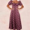 Sommer Damen Französisches Frisches Florales Midi-Kleid, Quadratischer Ausschnitt Kurzarm Lässiges Kleid für Europäische Amerikanische Damen