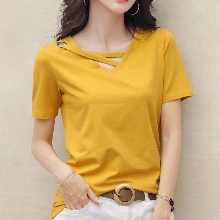 Moda Verão Feminina Camiseta Gola V Solta Cor Sólida Top Camiseta Casual
