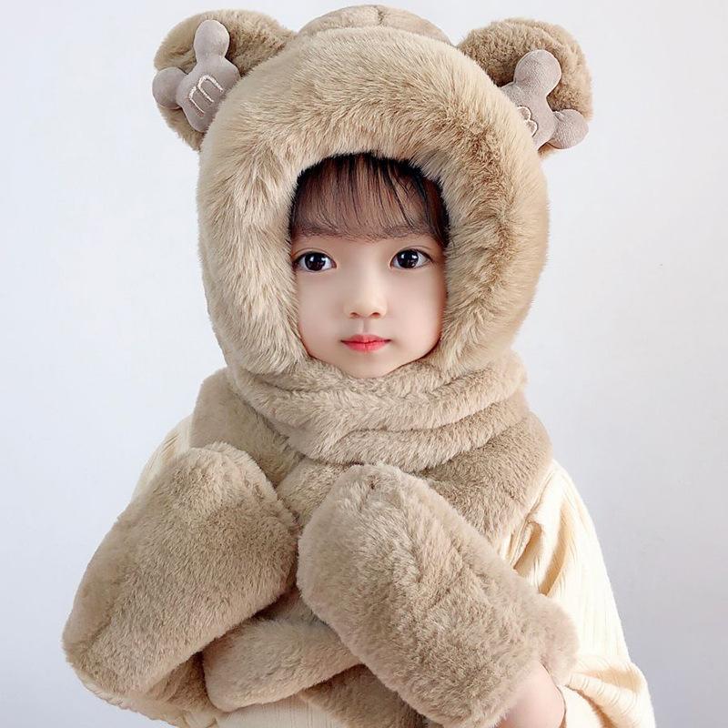 Children's Three-piece Hat Winter Cute Girl Scarf Gloves Integrated Hat Baby Plush Thickened Plush Warm