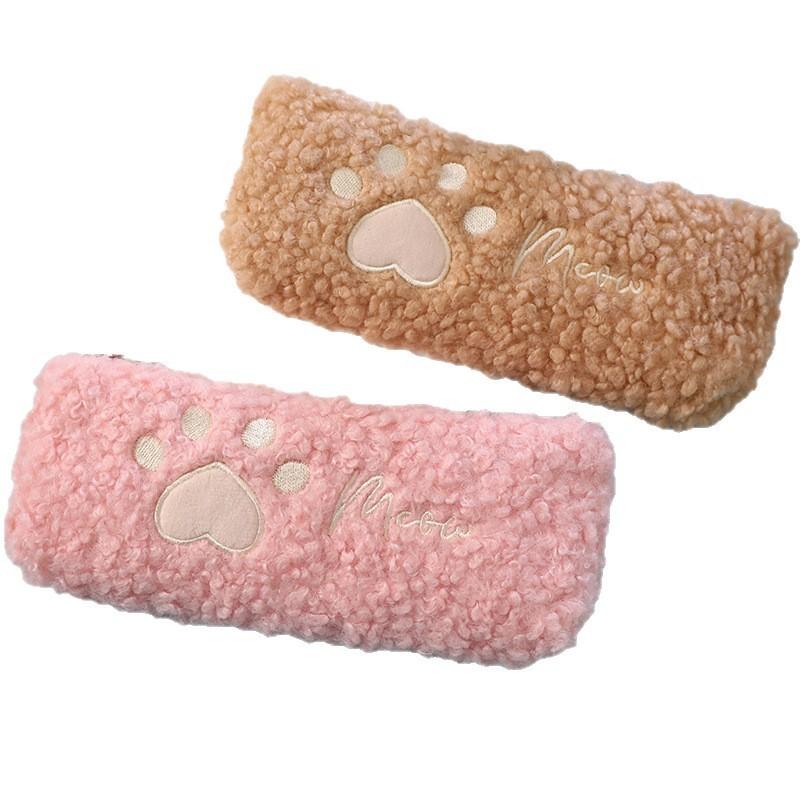 Cute Cat Paw Plush Pencil Case With Soft Material For Students And Girls