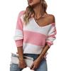 New Autumn and Winter Casual Sweaters European and American Contrast Striped V-neck Off-shoulder Sweaters for Women