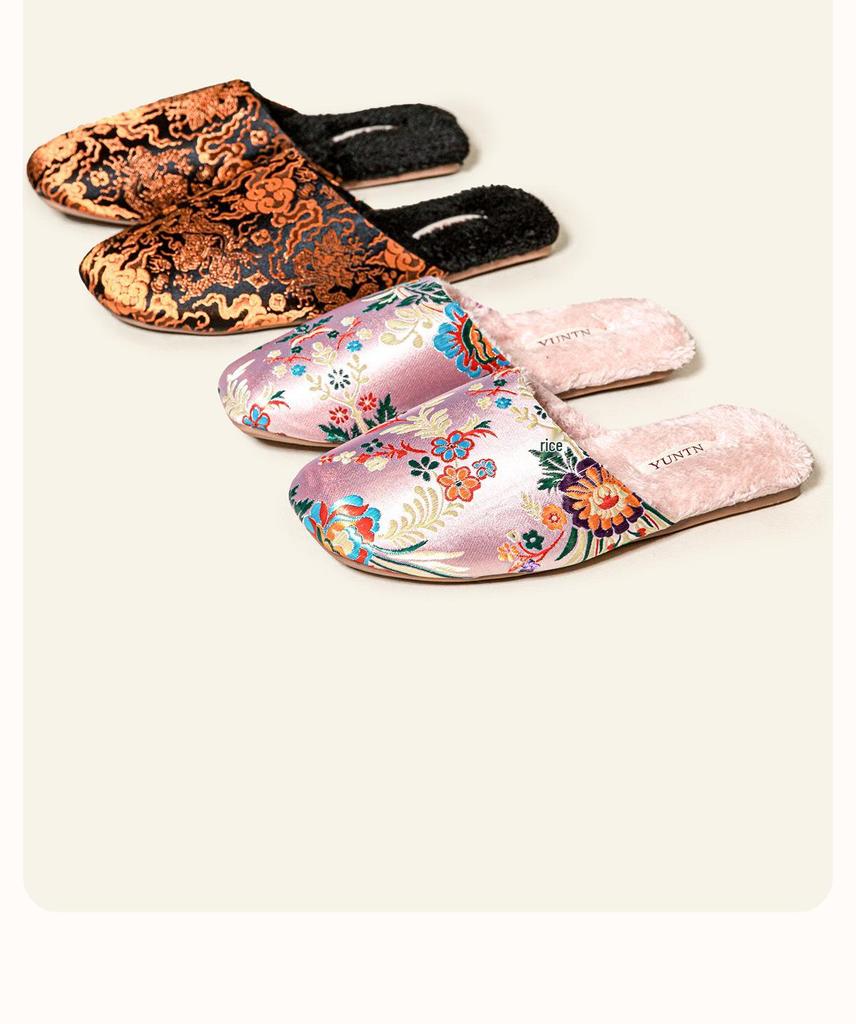 Elegant Winter Indoor Slippers: Embroidered Satin Cotton, Non-Slip Thick Sole, Plus Velvet Warmth for Men & Women