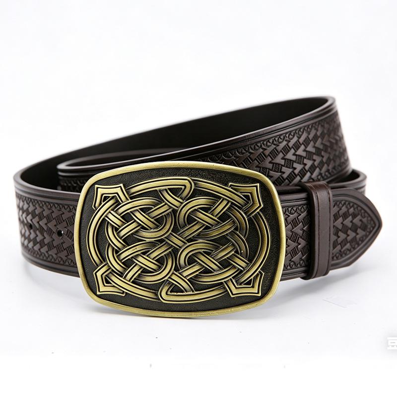 Western Cowboy Men's Leather Belt with Large Buckle and Turquoise National Flag Pattern - Retro European American Style Waistband