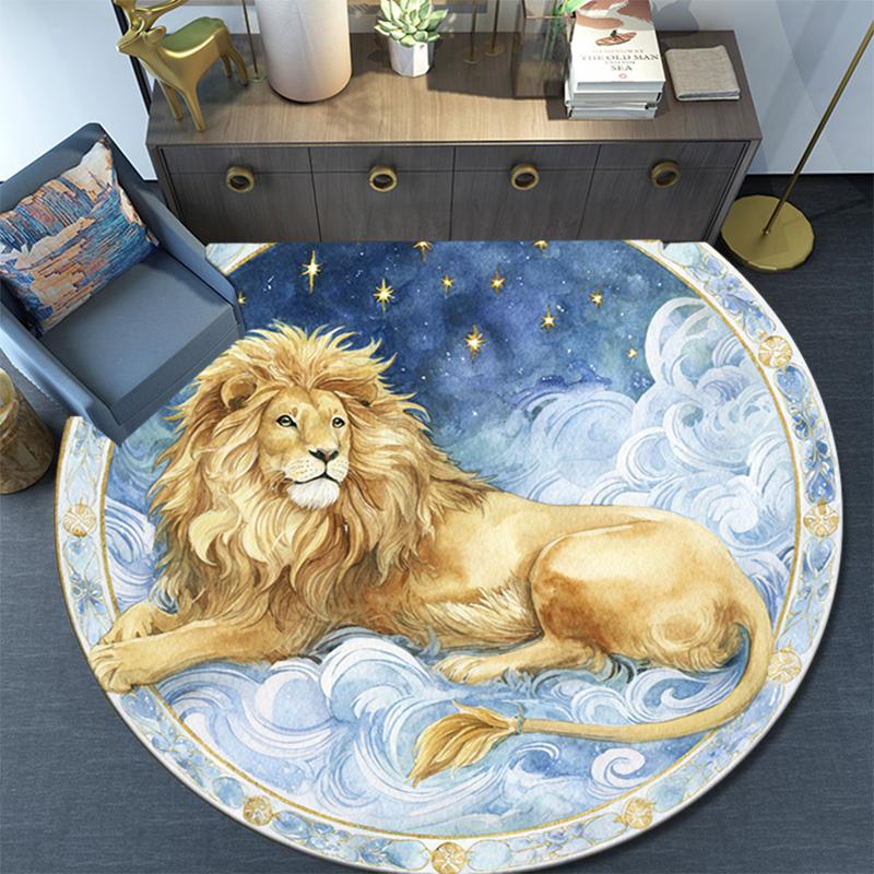 Lion Waves Stars Round Area Rug,Carpet Rug for Living Room Bedroom Sofa Playroom Decor,Non-slip Floor Mat