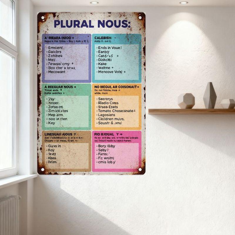 Vintage Plural Nouns Grammar Tin Sign Metal Sign for Classroom Home Office Decor - Weathered Aged Metal Plaque with English Rule