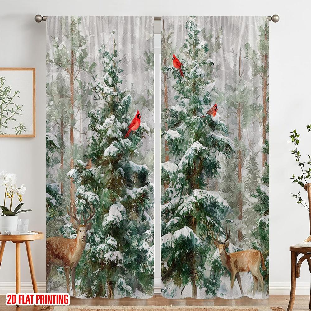 2pcs,2D Plane Printing Light Filtering Curtains Christmas Pine Tree Snowflake Versatile Polyester Fabric (without Rod)