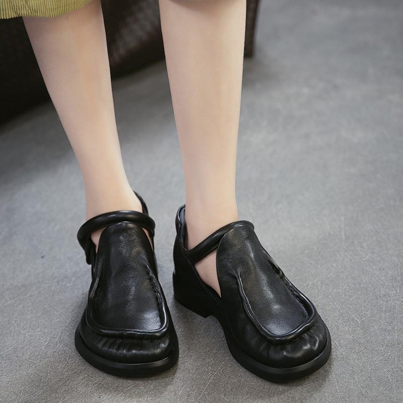Johnature Sandales de Ville en Cuir Véritable Rétro Polyvalentes Peau de Vache Bout Rond Petit Talon Chaussures pour Femmes