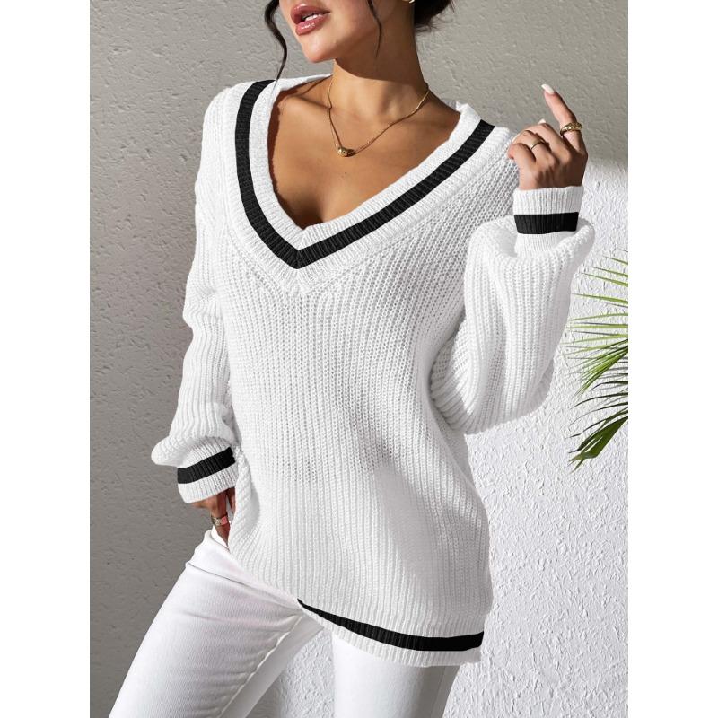 Damen S College-Stil Farbblock V-Ausschnitt Lockerer Freizeitpullover